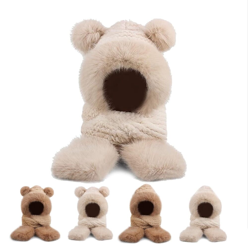 4748 Hooded Scarf Hat Gloves Winter Fur Bear Ears Hat 3 in 1 Plush Animal